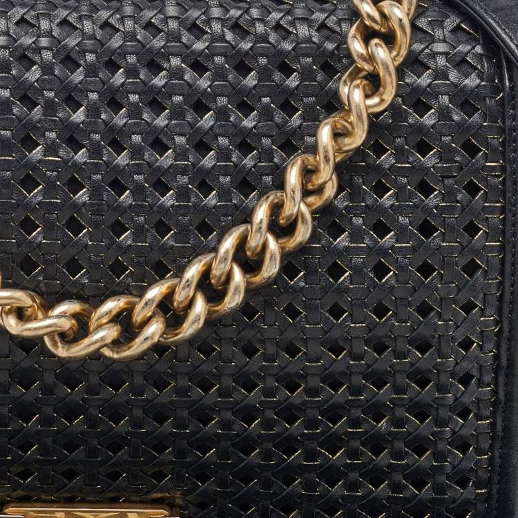 Pre Owned Chanel Black Woven Leather New Medium Classic Reverso Boy Flap Bag