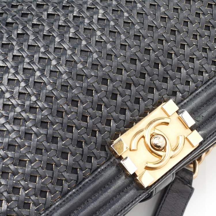 Pre Owned Chanel Black Woven Leather New Medium Classic Reverso Boy Flap Bag