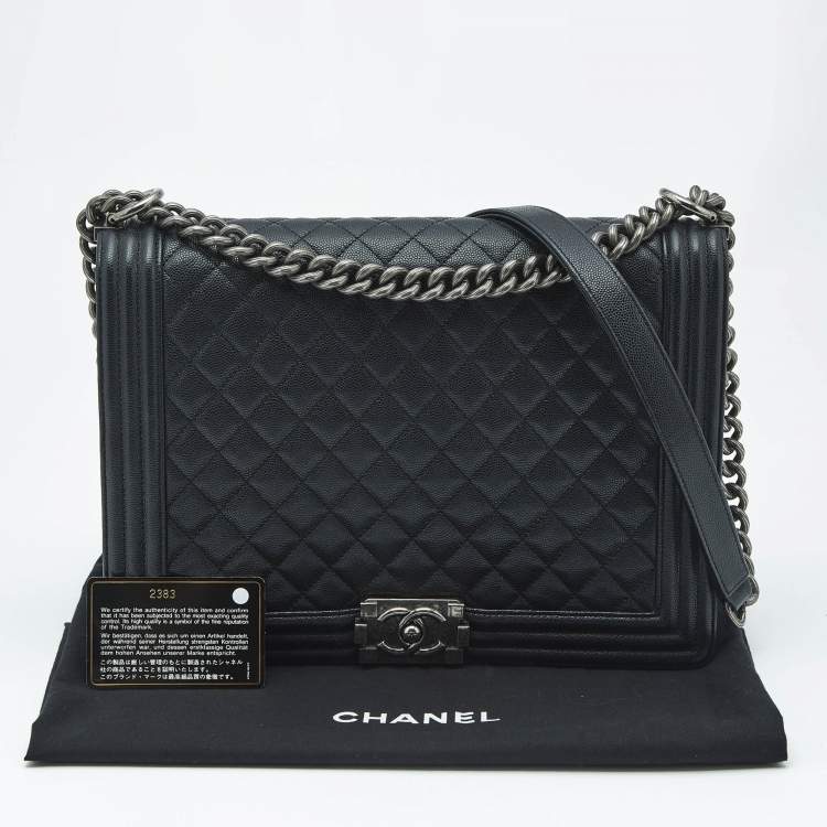 Pre Owned Chanel Black Quilted Caviar Leather Large Boy Flap Bag