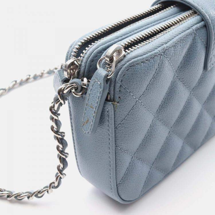 Pre Owned Chanel CC Blue Caviar Quilted Box Clutch With Chain 