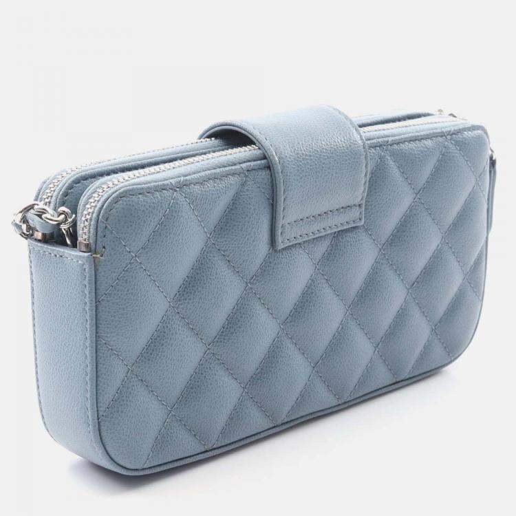 Pre Owned Chanel CC Blue Caviar Quilted Box Clutch With Chain 