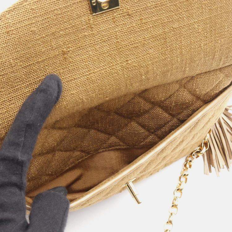 Pre Owned Chanel Matelasse Tassel Chain Shoulder Bag Fabric Linen Khaki Ghw Cc