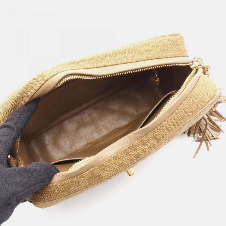 Pre Owned Chanel Matelasse Tassel Chain Shoulder Bag Fabric Linen Khaki Ghw Cc
