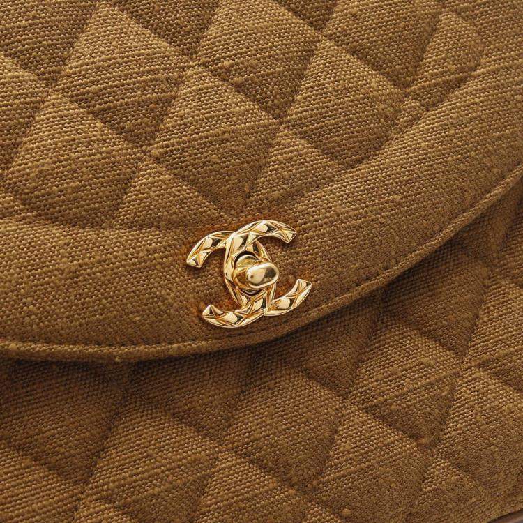 Pre Owned Chanel Matelasse Tassel Chain Shoulder Bag Fabric Linen Khaki Ghw Cc