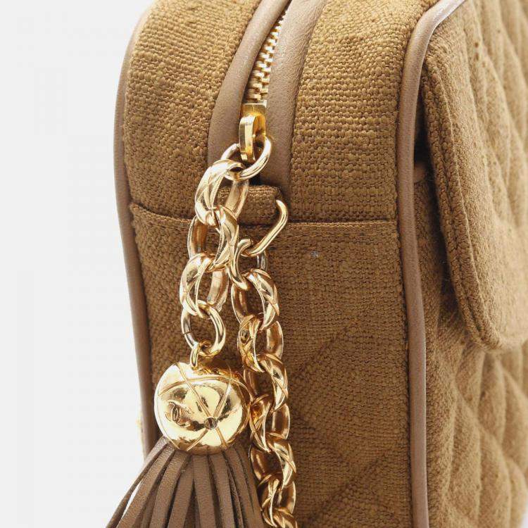 Pre Owned Chanel Matelasse Tassel Chain Shoulder Bag Fabric Linen Khaki Ghw Cc