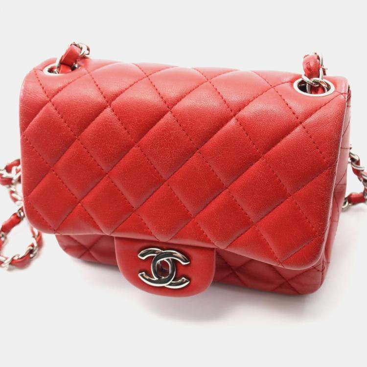 Pre Owned Chanel Mini Red Lambskin Chain Shoulder Bag