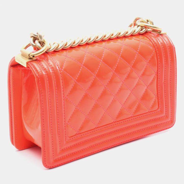 Pre Owned Chanel Boy Small Orange Patent Leather Chain Shoulder Bag