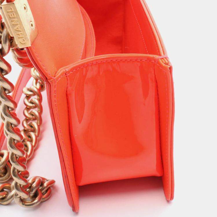 Pre Owned Chanel Boy Small Orange Patent Leather Chain Shoulder Bag