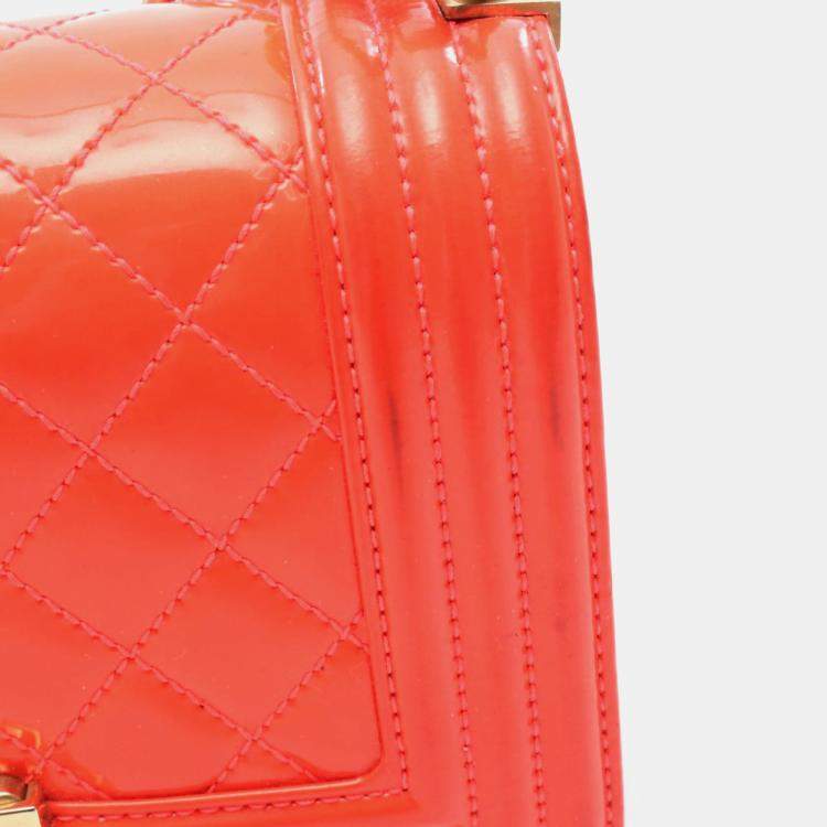 Pre Owned Chanel Boy Small Orange Patent Leather Chain Shoulder Bag