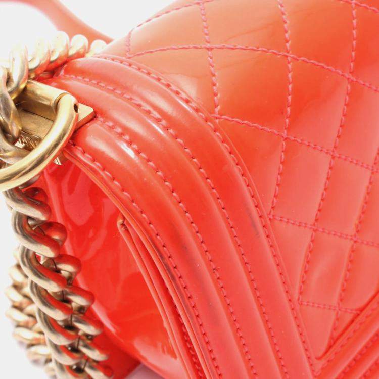 Pre Owned Chanel Boy Small Orange Patent Leather Chain Shoulder Bag