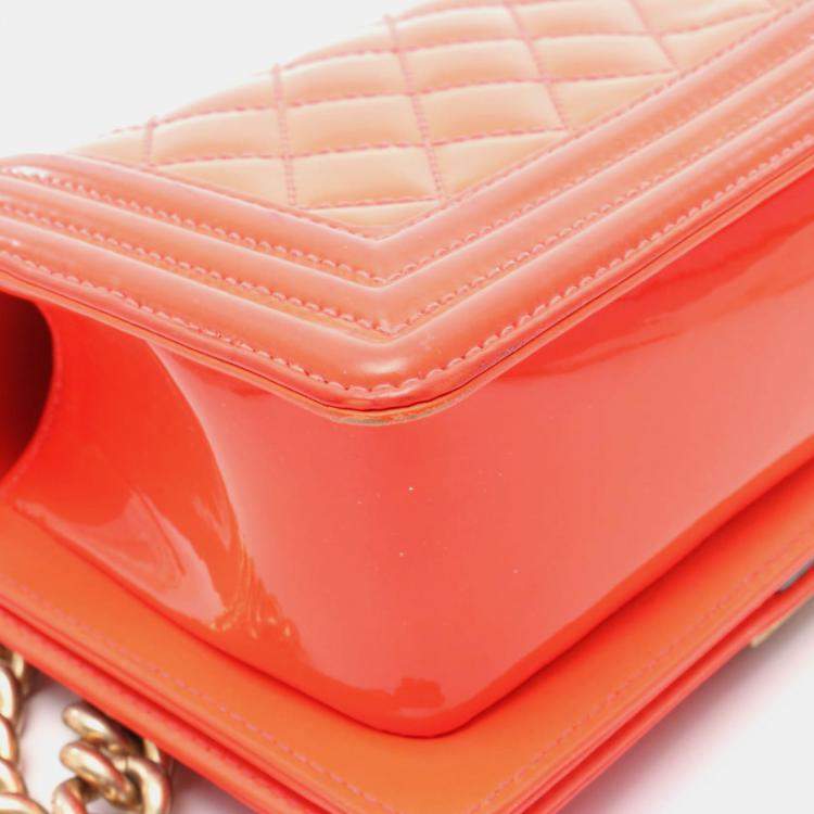 Pre Owned Chanel Boy Small Orange Patent Leather Chain Shoulder Bag