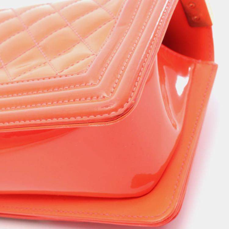 Pre Owned Chanel Boy Small Orange Patent Leather Chain Shoulder Bag