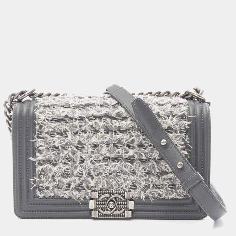 Pre Owned Chanel Boy Gray Fabric Leather Chain Shoulder Bag