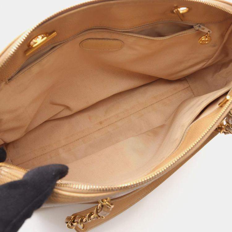 Pre Owned Chanel Coco Mark Tote Chain Shoulder Bag Calf Leather Beige Ghw