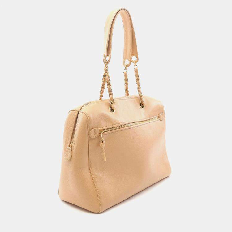 Pre Owned Chanel Coco Mark Tote Chain Shoulder Bag Calf Leather Beige Ghw