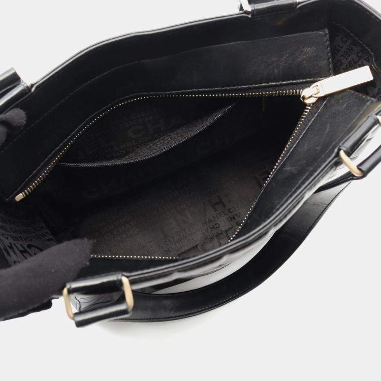 Pre Owned Chanel Chocolate Bar Tote Shoulder Bag Lambskin Leather Black Ghw