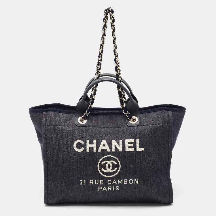 Pre Owned Chanel Navy Blue Denim Large Deauville Shopper Tote
