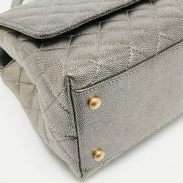 Pre Owned Chanel Silver Quilted Caviar Leather Small Coco Top Handle Bag