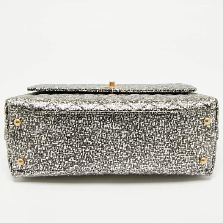 Pre Owned Chanel Silver Quilted Caviar Leather Small Coco Top Handle Bag