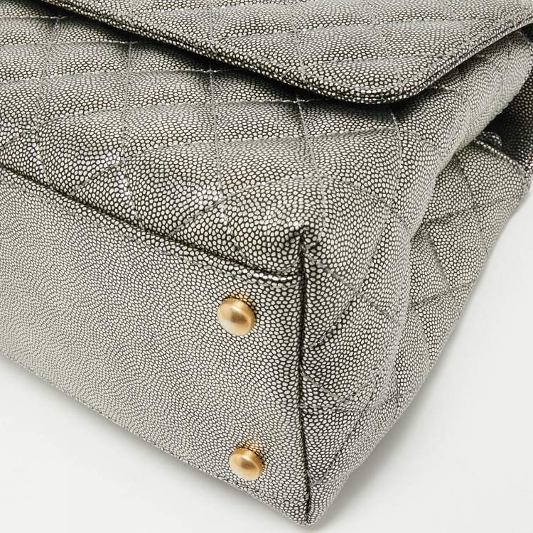 Pre Owned Chanel Silver Quilted Caviar Leather Small Coco Top Handle Bag