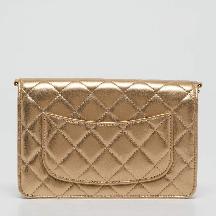 Pre Owned Chanel Gold Quilted Leather Wallet on Chain