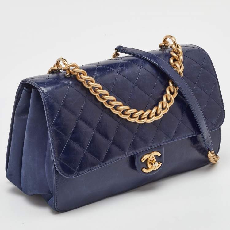 Pre Owned Chanel Navy Blue Quilted Leather Paris-Cosmopolite Straight Lined Flap Bag