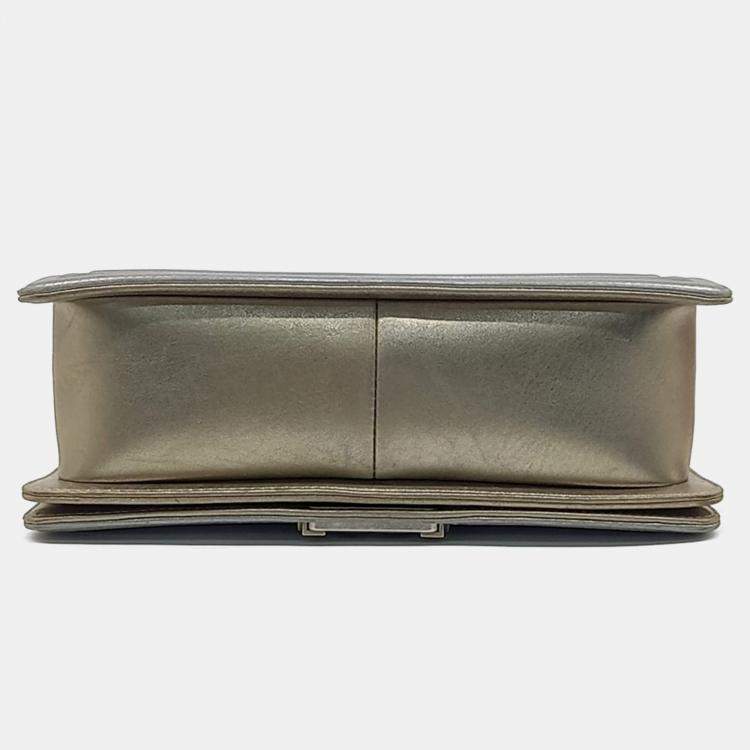 Pre Owned Chanel Gold Silver Leather Medium Boy Bag 