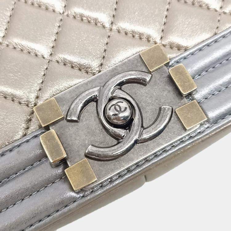 Pre Owned Chanel Gold Silver Leather Medium Boy Bag 
