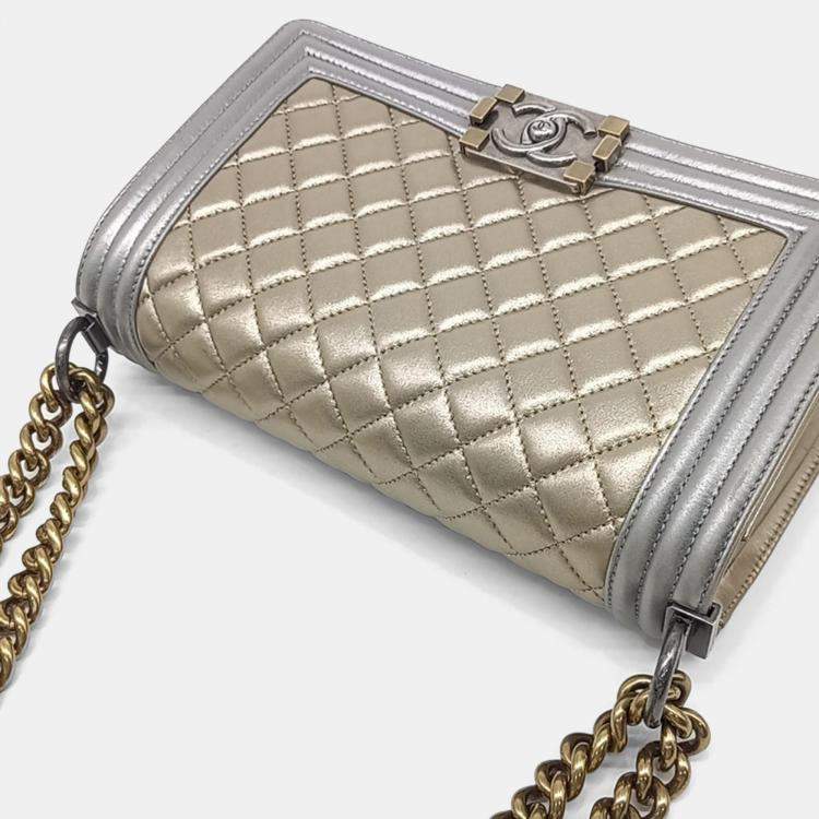 Pre Owned Chanel Gold Silver Leather Medium Boy Bag 