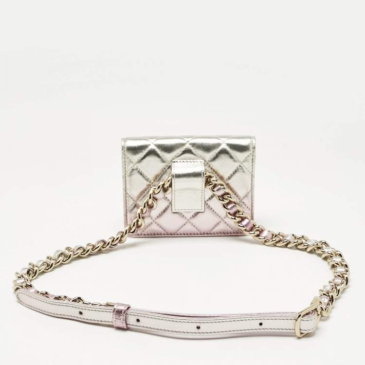 Pre Owned Chanel Metallic Pink Quilted Leather CC Flap Chain Belt Bag 
