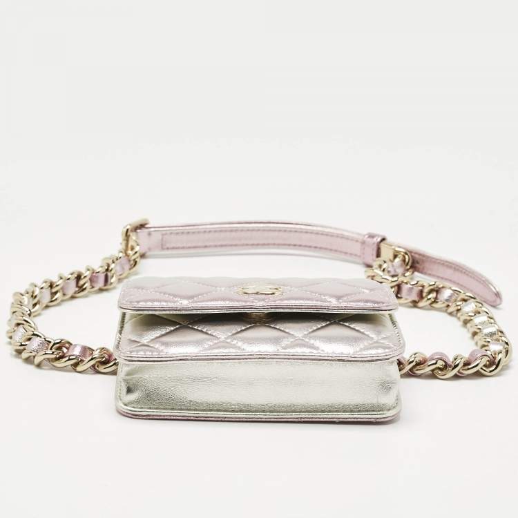 Pre Owned Chanel Metallic Pink Quilted Leather CC Flap Chain Belt Bag 