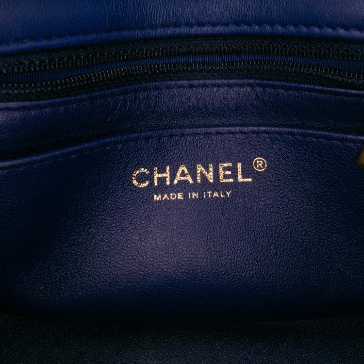 Pre Owned Chanel Blue Mini Square Classic Chevron Lambskin Single Flap