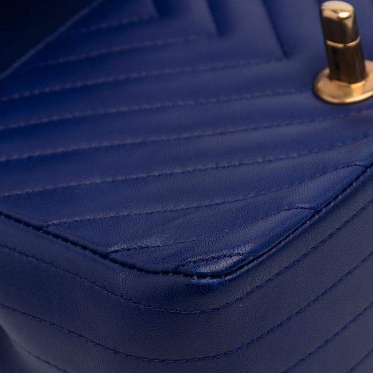 Pre Owned Chanel Blue Mini Square Classic Chevron Lambskin Single Flap