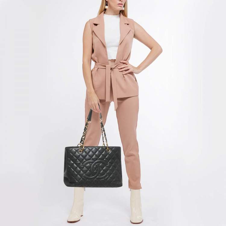Pre Owned Chanel Black Quilted Caviar Leather GST Shopper Tote