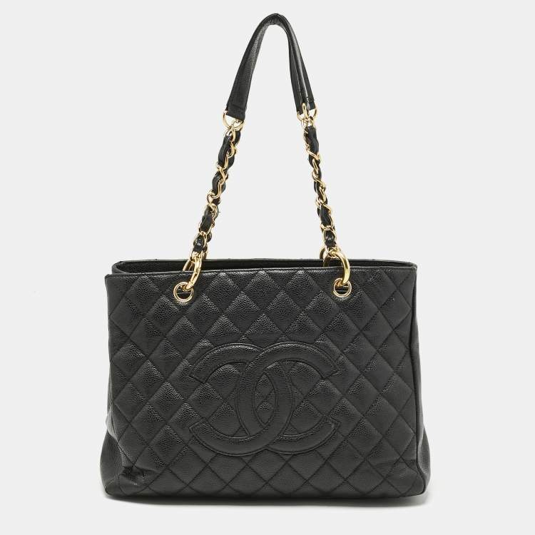 Pre Owned Chanel Black Quilted Caviar Leather GST Shopper Tote