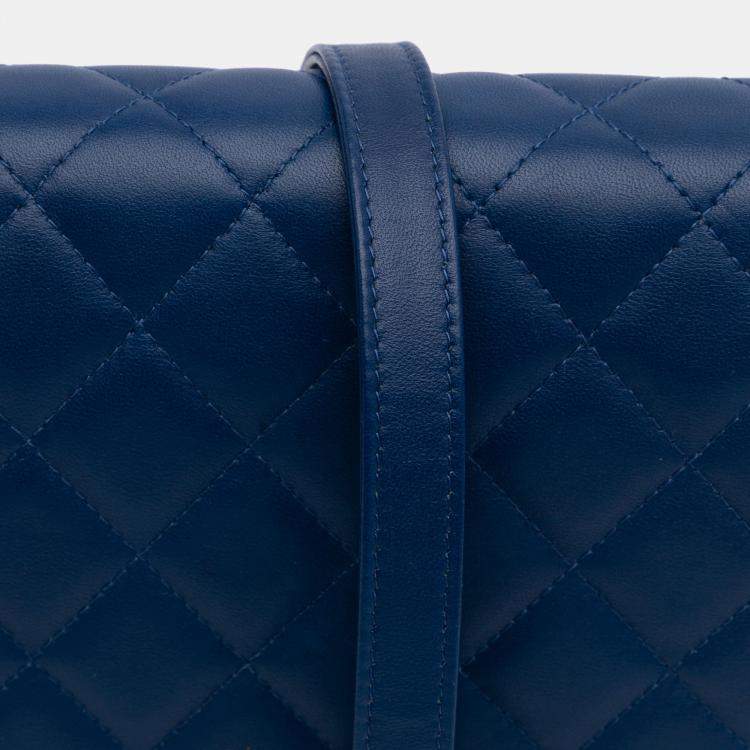 Pre Owned Chanel Blue Quilted Lambskin Square Wallet on Chain