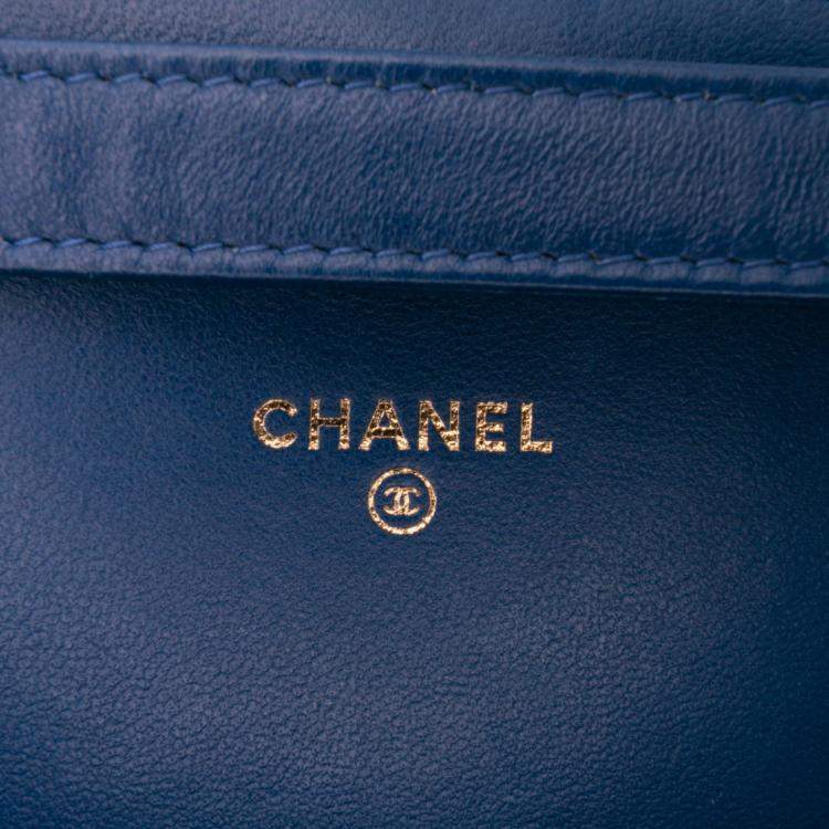 Pre Owned Chanel Blue Quilted Lambskin Square Wallet on Chain