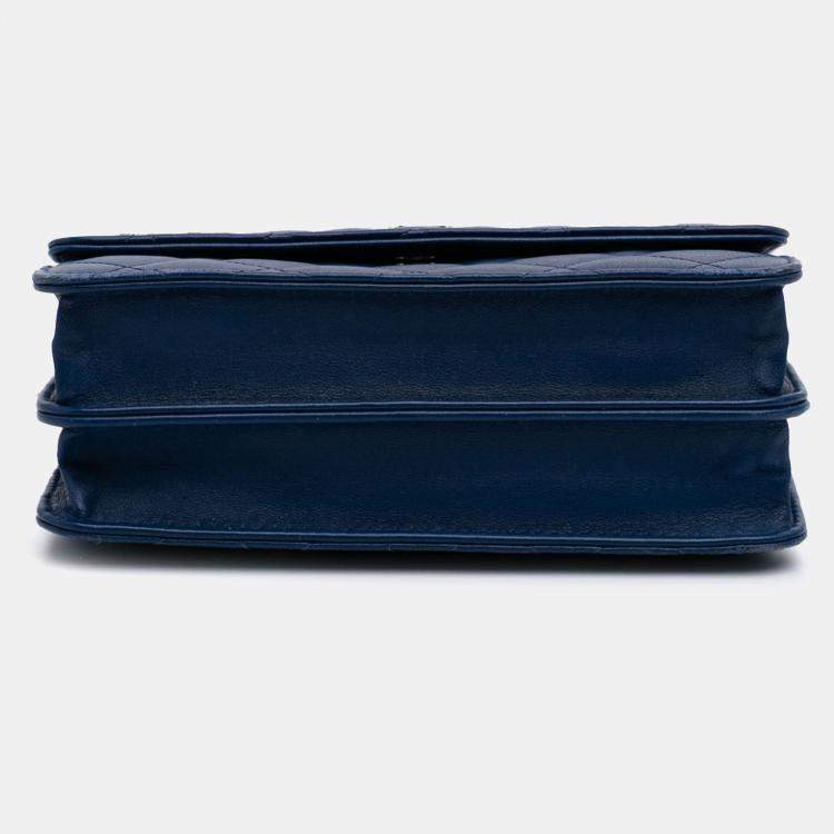 Pre Owned Chanel Blue Quilted Lambskin Square Wallet on Chain