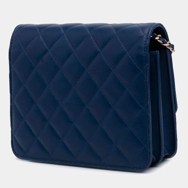 Pre Owned Chanel Blue Quilted Lambskin Square Wallet on Chain