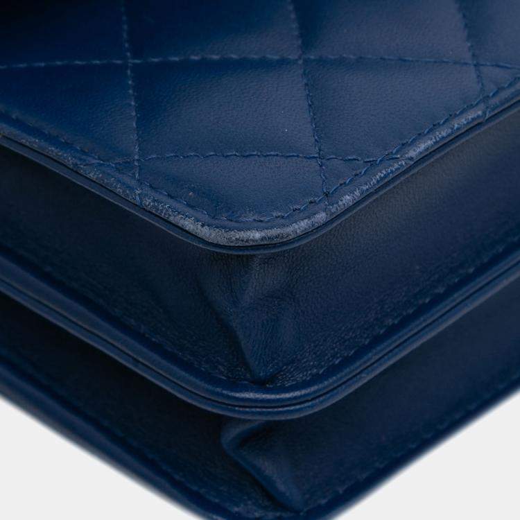 Pre Owned Chanel Blue Quilted Lambskin Square Wallet on Chain