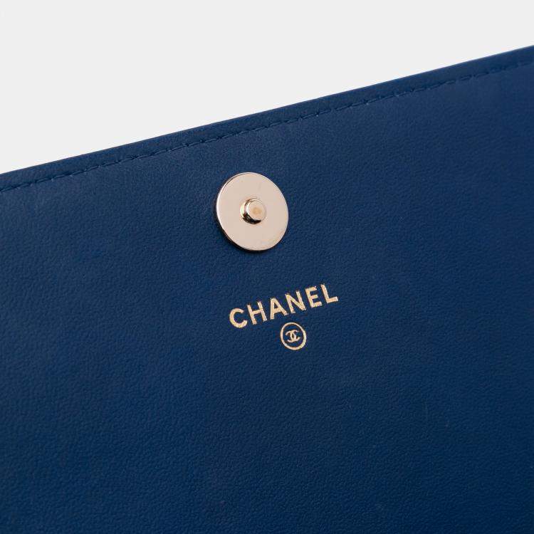 Pre Owned Chanel Blue Quilted Lambskin Square Wallet on Chain