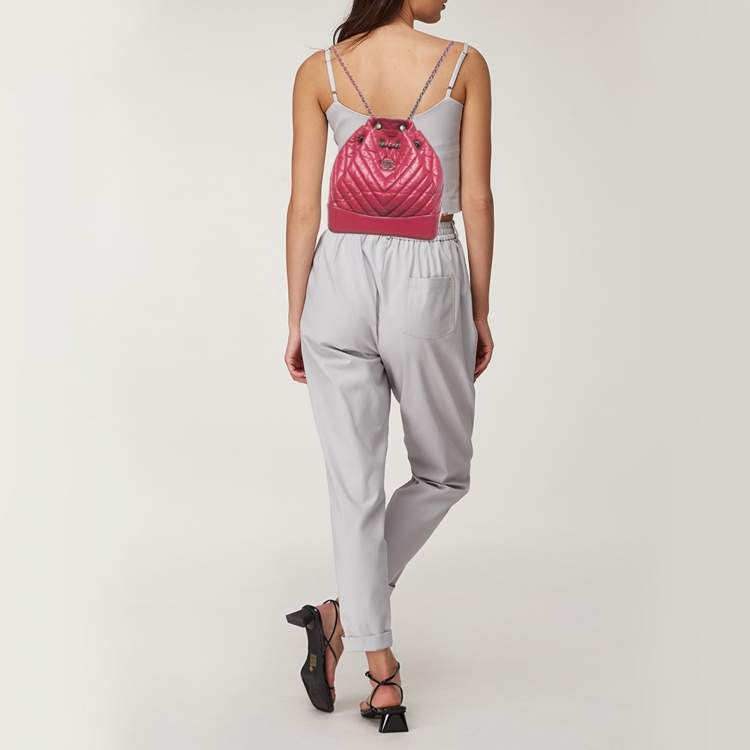 Pre Owned Chanel Dark Pink Chevron Leather Small Gabrielle Backpack