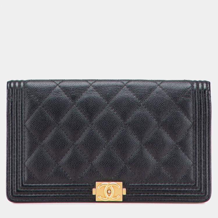 Pre Owned Chanel Black Quilted Caviar Boy Yen Long Wallet