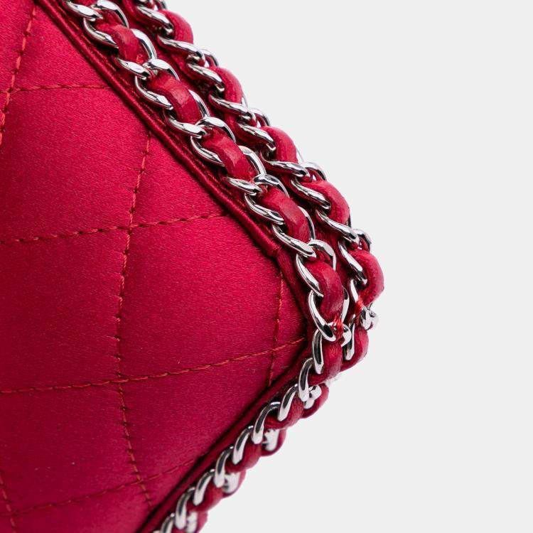 Pre Owned Chanel Red Quilted Satin Chain Around Clutch