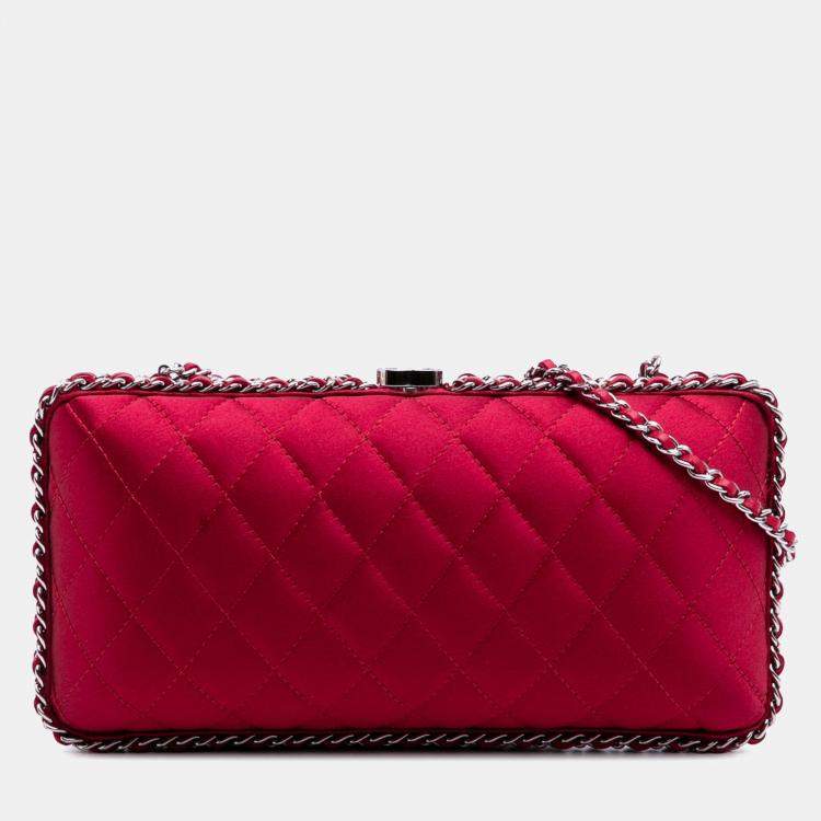 Pre Owned Chanel Red Quilted Satin Chain Around Clutch