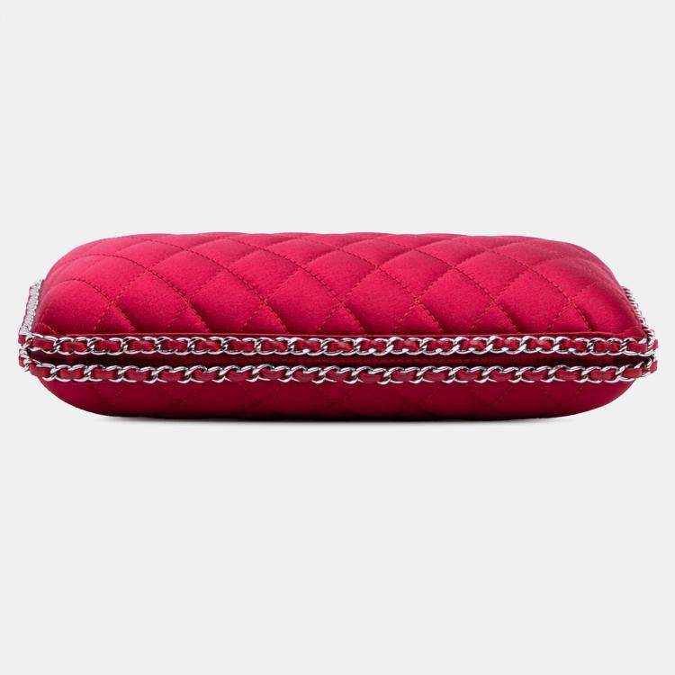 Pre Owned Chanel Red Quilted Satin Chain Around Clutch