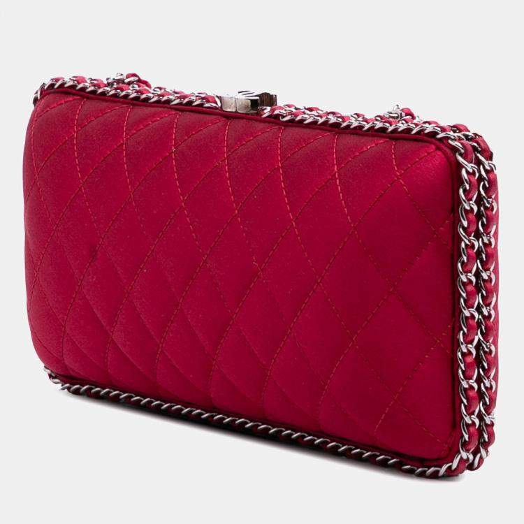 Pre Owned Chanel Red Quilted Satin Chain Around Clutch
