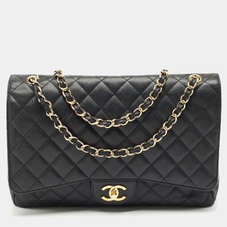 Pre Owned Chanel Black Quilted Caviar Leather Maxi Classic Double Flap Bag