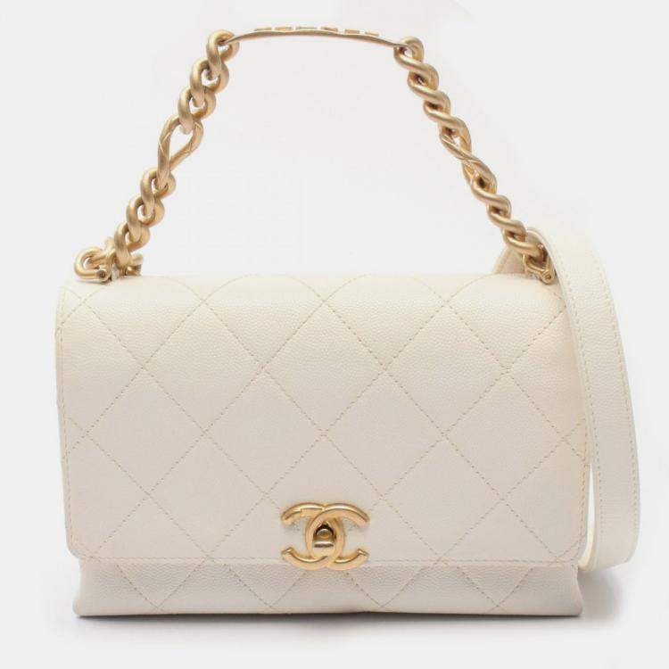Pre Owned Chanel Matelasse White Grained Calfskin Chain Shoulder Bag