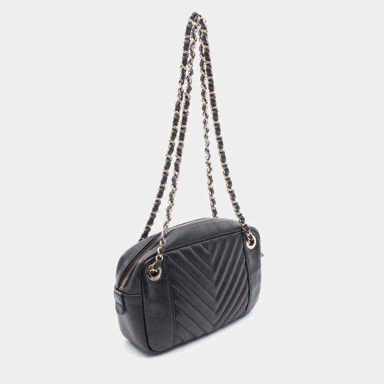 Pre Owned Chanel V-Stitch Chevron Black Lambskin Chain Shoulder Bag
